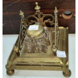 An Arts & Crafts cut glass and brass inkwell with pierced decoration etc