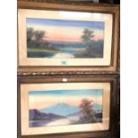 A pair of early 20th century Gouache with mountains and lake scenes at sunset