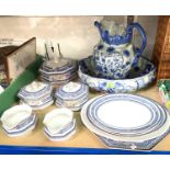 A reproduction blue and white jug and bowl set, a selection of blue and white ceramics etc