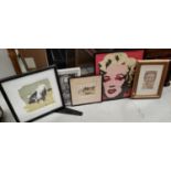 A framed Andy Warhol print of Marilyn Monroe in pink and other prints and etchings etc