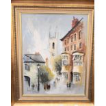 Ben Maile: Oil on canvas with clock tower in the background, signed, gilt framed 49x39cm