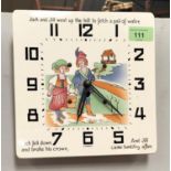 NURSERY CLOCK - a 1950's ceramic clock with applied transfer decoration, 21cm square.