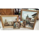 Bernard: oil on canvas of Parisian street scene, gilt framed; another seascape and a smaller pair of