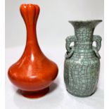 Chines celadon crackle glazed vase and a Chinese burnt orange narrow necked vase with dragon