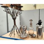 A vintage Caithness smoky glass decanter, a soda syphon etc, a large rustic metal candelabra and a