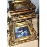 Five 19th century style miniatures in ornate frames, depicting animal; figures; etc..