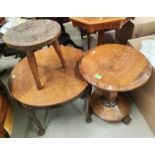 An early 19th century rosewood table on pedestal with circular top and base; an oak coffee table;