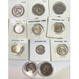 GB pre 1947 silver coins: 4 florins, 1 shilling and 6 sixpences.