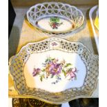 A Herend hand painted pierced bordered dish with floral decoration and a similar Dresden dish