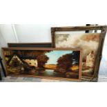 A pair of large modern continental oil paintings and two framed prints