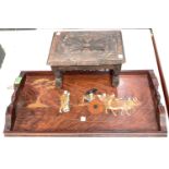 An oriental rectangular tray with inlaid decoration of Indo/Persian figures; a carved oak footstool,