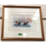 Ben Mail e: 'Red Tunics, Red Smoke' military watercolour, red coats firing two cannons, signed and