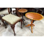 A Charles Barr reproduction walnut tripod occasional table, a reproduction wine table, a stool