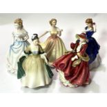 Five Royal Doulton figures:  Claire HN 3649; Laura HN 3136; Deborah HN 3644; Elegance HN 2264