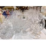 2 large cut glass brandy glasses, 6 champagne flutes, a set of tumblers, other glassware etc