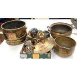 A brass armorial log bucket, two similar items and a selection of metalware.