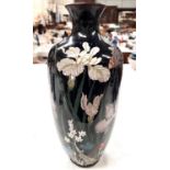 A large cloisonne dark blue ground vase decorated with flowers height 36cm (areas of denting and