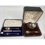 A hallmarked silver christening set of porringer and spoon, monogrammed, boxed, porringer