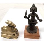 2 Indian bronzes 1 of ox and 1 of man seated on plinth on wooden base height 13cm