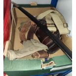 A WWII period belt holster, canteen etc a splay saver and a set of Thomas Taylor crown green bowls