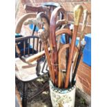 A selection of various wooden walking sticks in stick stand