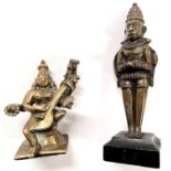 2 Indian bronze figures 1 multi armed deity the other 2 sided figure on wooden stand height 14cm