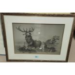 HUNTING SCENE; pencil drawing of hunting dogs attacking  stag on shore of lake signed L.E. Hanky