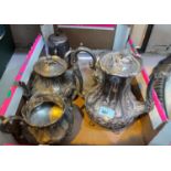 A Victorian baluster 4 piece EPBM tea set with extensive chased decoration and other silverplate;