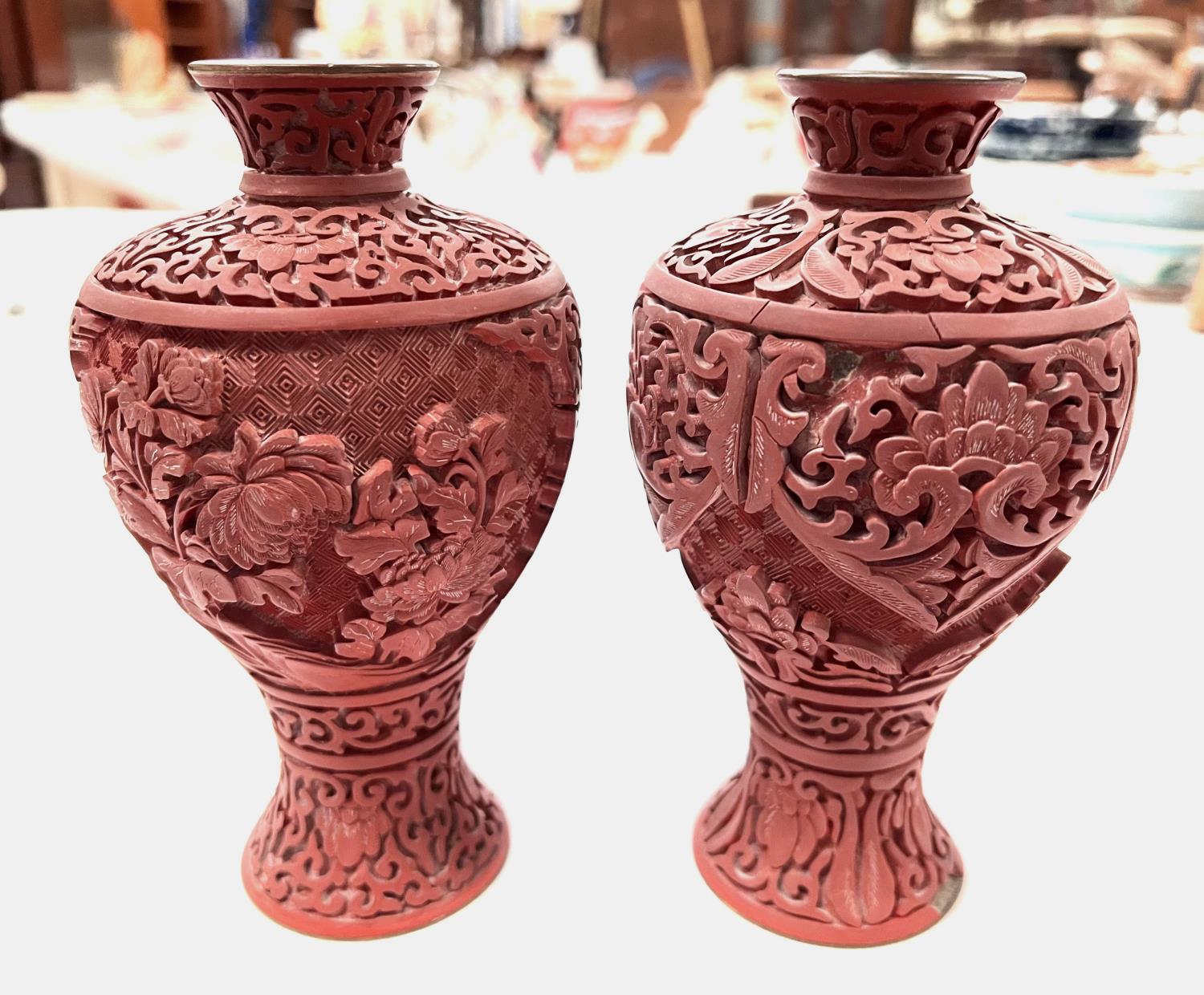 A pair of early 20th century Chinese Cinnabar lacquer vases height 16.5cm