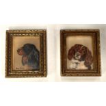 Kay Gray: Two miniature gouache portraits of dogs in gilt frames, 6cm