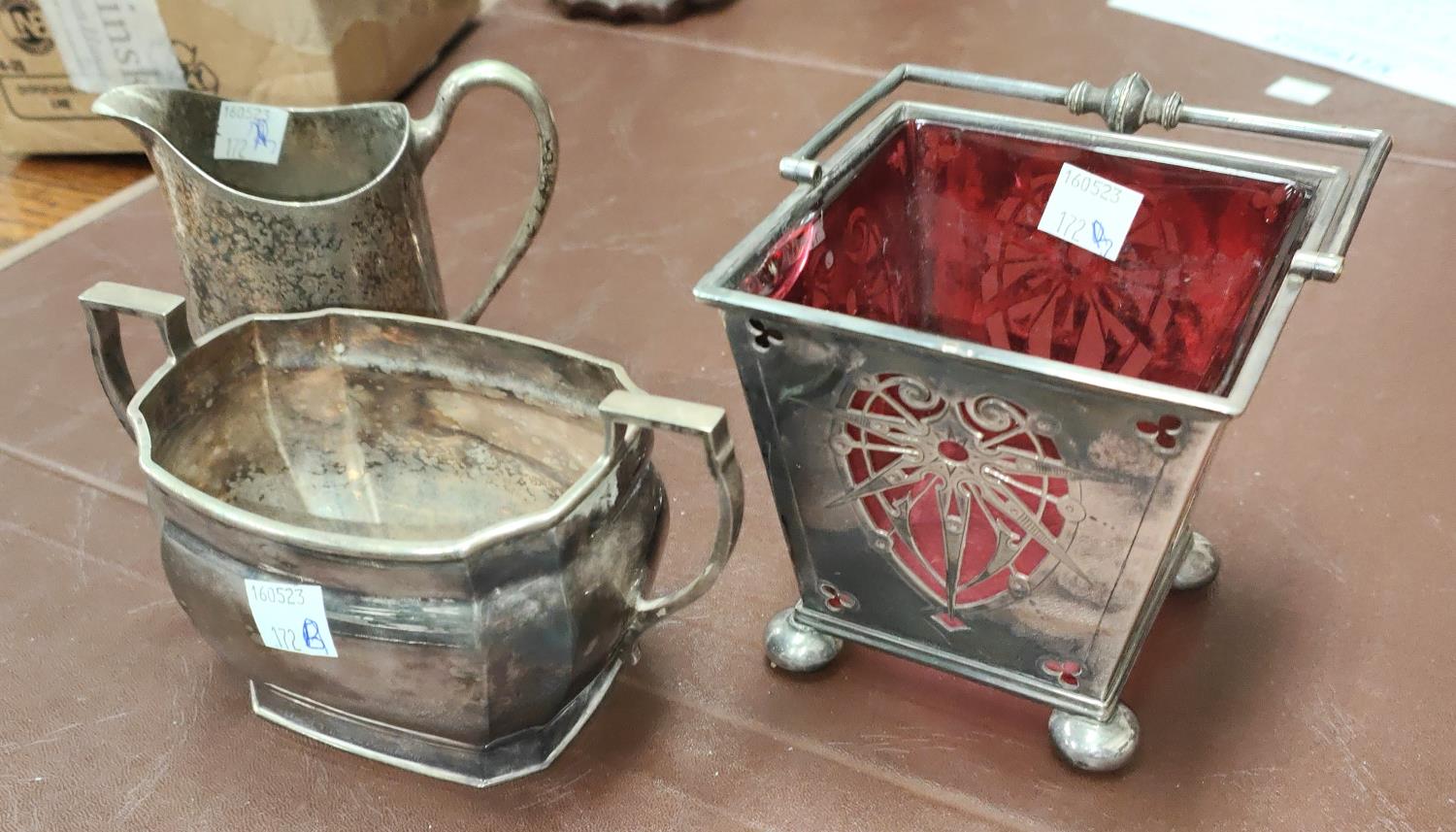 A good quality silver plate arts and crafts basket with cranberry glass liner and two other - Image 2 of 2