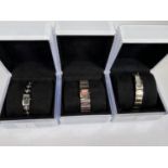 Three ladies DKNY designer wristwatches, No NY34665, stainless steel set with pink stones boxed,