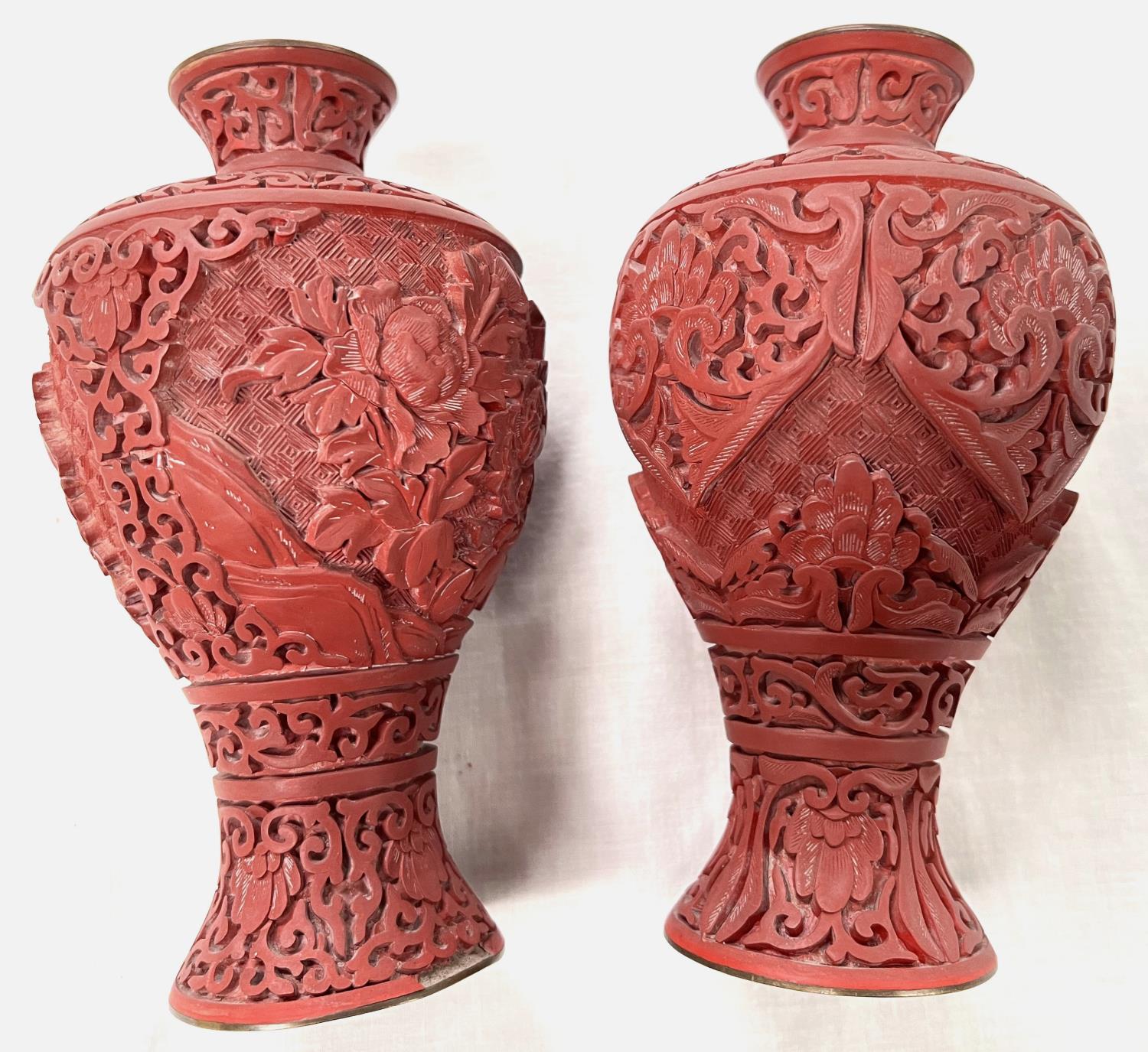 A pair of early 20th century Chinese Cinnabar lacquer vases height 16.5cm - Image 4 of 4