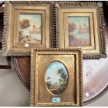 A 19th century style pair of miniature oils:  figures in continental landscapes ; a similar oval