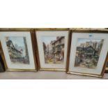 M Pritchard: Old Manchester scenes, 3 watercolours, signed, 33 x 23cm, framed and glazed; a framed