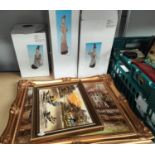 3 resin figures boxed, a continental oil painting framed, two other pictures