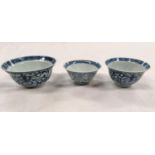 3 18th century Chinese blue and white tea/rice bowls 2 with similar patterns and seal marks to
