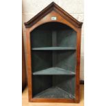 An oak Gothic style open front wall hanging corner cupboard, 83cm high; 2 Edwardian wall hanging