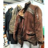 A Pinewood soft brown leather jacket; a similar gilet; a Fife Country leather coat; an Autograph