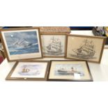 J.A. Drinkwater - Tug boat and liner entering port, watercolour, framed and glazed; other pictures