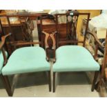 An Edwardian set of 4 (2 + 2) inlaid mahogany dining chairs with turquoise seats and square tapering