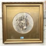 BRITISH 19th century watercolour, portrait of a pet donkey, unsigned, 26 cm diameter, gilt framed