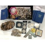 GB:  a quantity of copper coins; 2 masonic badges various crowns; a quantity of costume jewellery;