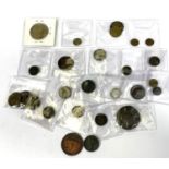 A selection of GB and foreign copper and silver coins; an engraved penny and GB brass tokens