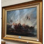 Ben Maile: An atmospheric Napoleonic Military oil on canvas cannon squads of blue coated soldiers