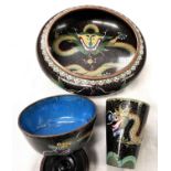 A Chinese cloisonne black ground bowl decorated with dragons and a similar cup