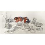 Two Royal Crown Derby bird paperweights (no gold stoppers) and various Swarovski (parts a.f and un