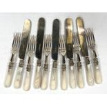 A hallmarked silver part set of 6 dessert forks and 5 knives, with mother-of-pearl handles,