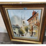 Ben Maile: Oil on canvas with clock tower in the background, signed, gilt framed 49x39cm