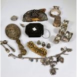 A selection of silver; silver plate and costume jewellery:  napkin rings; charm bracelet; a chased